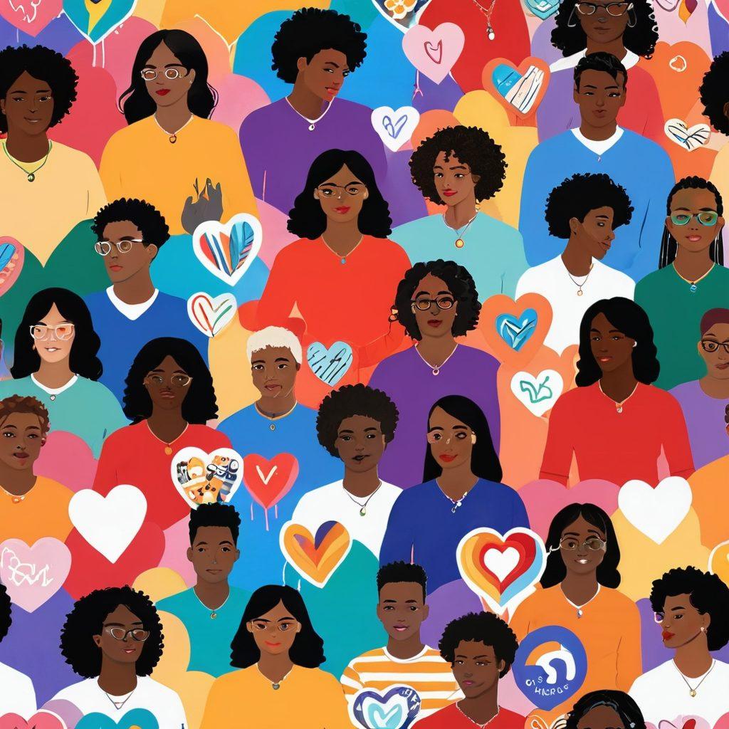 A vibrant, heart-shaped collage of diverse queer individuals engaging with video content, surrounded by symbols of sexual wellness like safety pins, heart icons, and colorful rainbow patterns. The scene captures a blend of intimacy and community, showcasing individuals of different backgrounds watching videos on various devices. Soft, radiant colors create an inviting atmosphere to reflect warmth and connection. super-realistic. vibrant colors. white background.