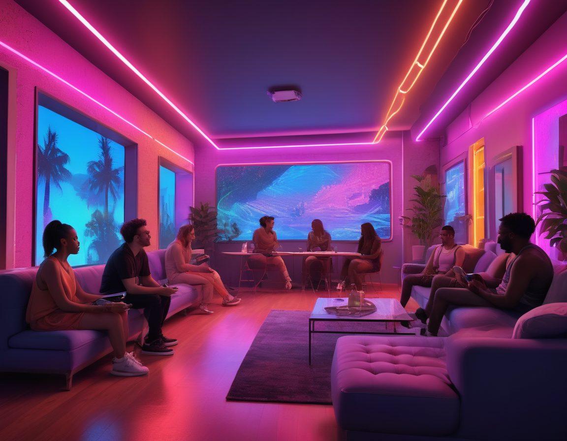 A vibrant digital landscape representing a virtual community, featuring diverse LGBTQ individuals engaging in discussions and activities. Incorporate elements of adult entertainment, symbolized by colorful neon lights and abstract shapes, to highlight connection and inclusivity. The scene should feel lively and welcoming, with a blend of technology and intimacy. Incorporate various devices like smartphones and laptops to emphasize connectivity. super-realistic. vibrant colors. digital art.