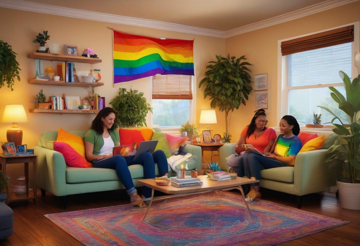 A vibrant scene depicting diverse individuals in a cozy living room setting, engaging with technology like laptops and cameras while discussing relationships. Include elements like rainbow flags, heart-shaped decorations, and wellness items such as books and plants. Infuse a warm, inviting atmosphere that celebrates connection and expression within the LGBTQ community. super-realistic. vibrant colors. cozy ambiance.